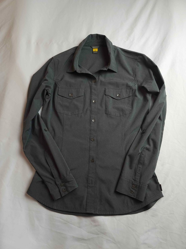 Eddie Bauer Departure 2.0 Shirt Womens Small Gray Button Up Roll Tab Sleeves