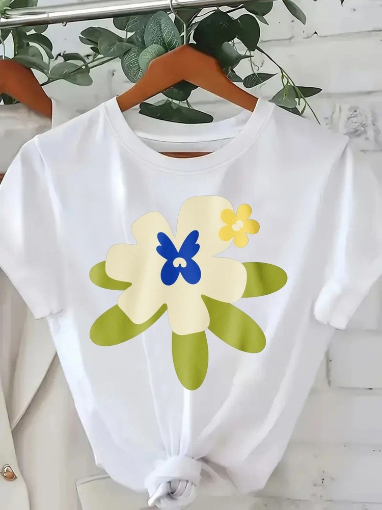 Abstract Flower Graphic T-Shirt Floral Tee Women's Short Sleeve Crewneck Top-image