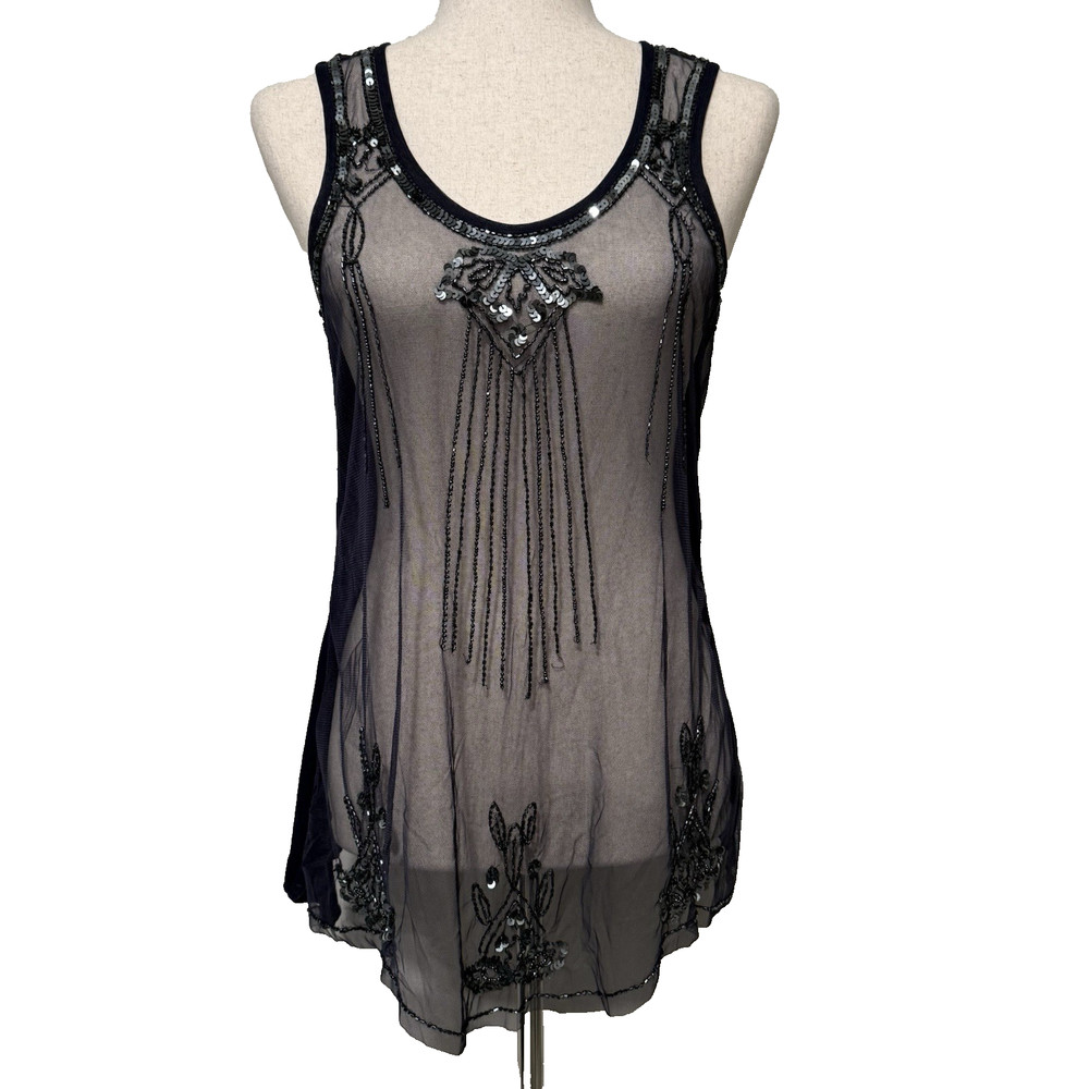 Y2k Sheer Blue Beaded Mesh Tank Top Womens Medium Fairycore Whimsigoth Festival