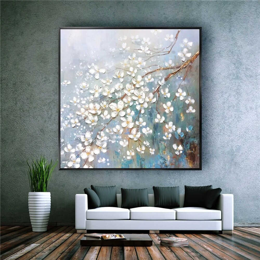 Hand-Painted Oil Painting On Canvas Wall Art Nordic Abstract Decor White Flowers