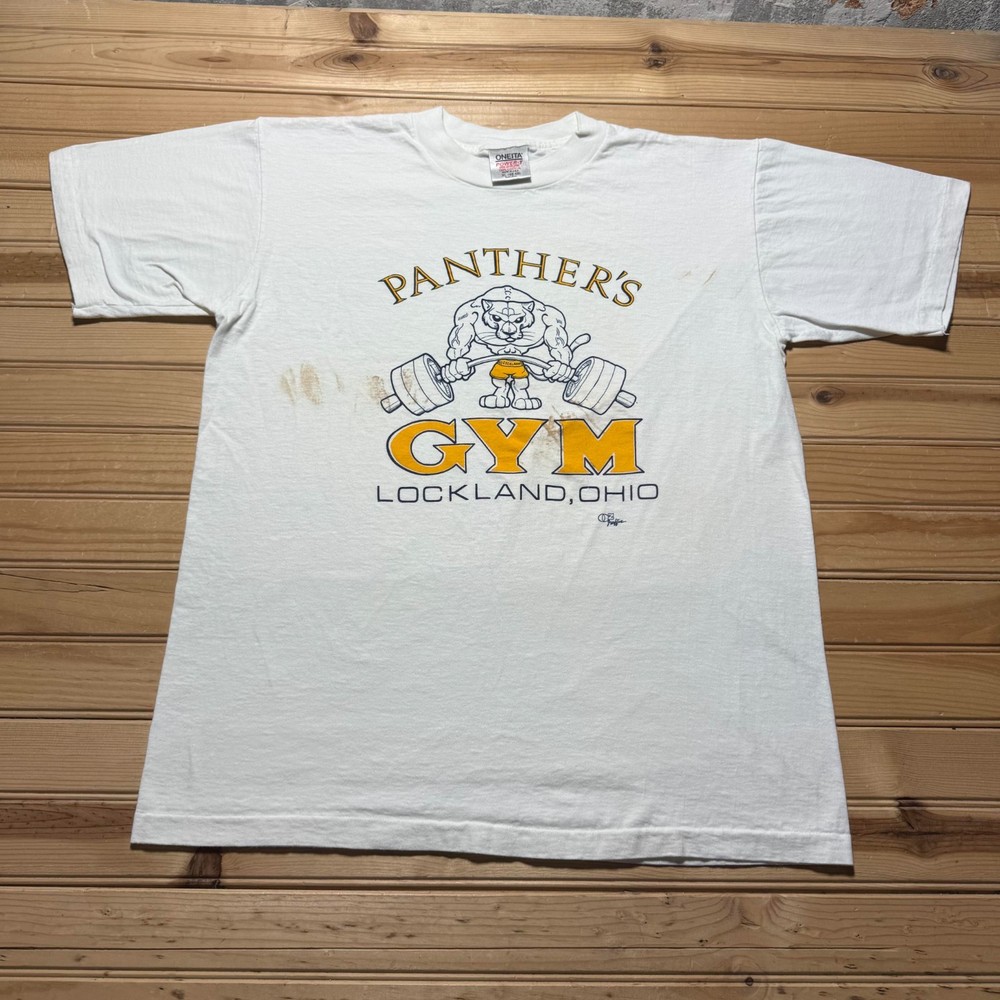 Vintage 90s Panther's Gym Fitness Deadlift Lockland Ohio Graphic T-Shirt USA XL