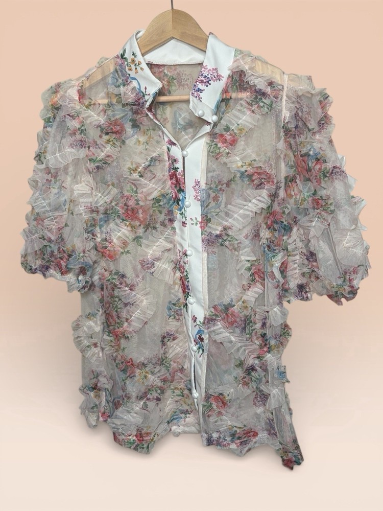 Floral Sheer Ruffle Blouse Womens Large Romantic Cottagecore Fairycore Top