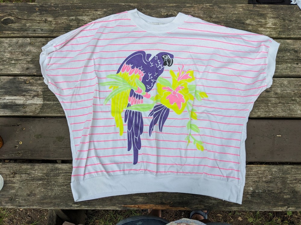 80's Neon Parrot Woman's Short Sleeve Shirt White Pink Striped Top READ 2X? Vtg
