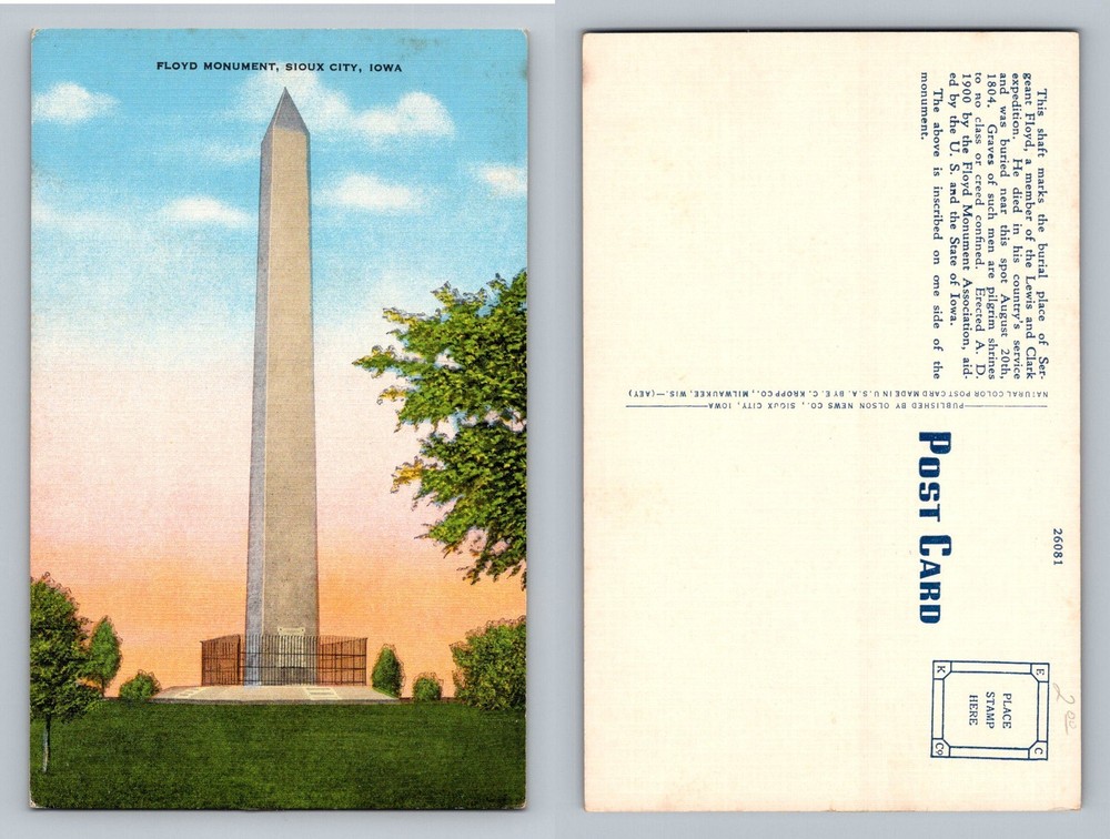 Sioux City, IA-Iowa, Floyd Monument Obelisk Memorial Vintage Postcard