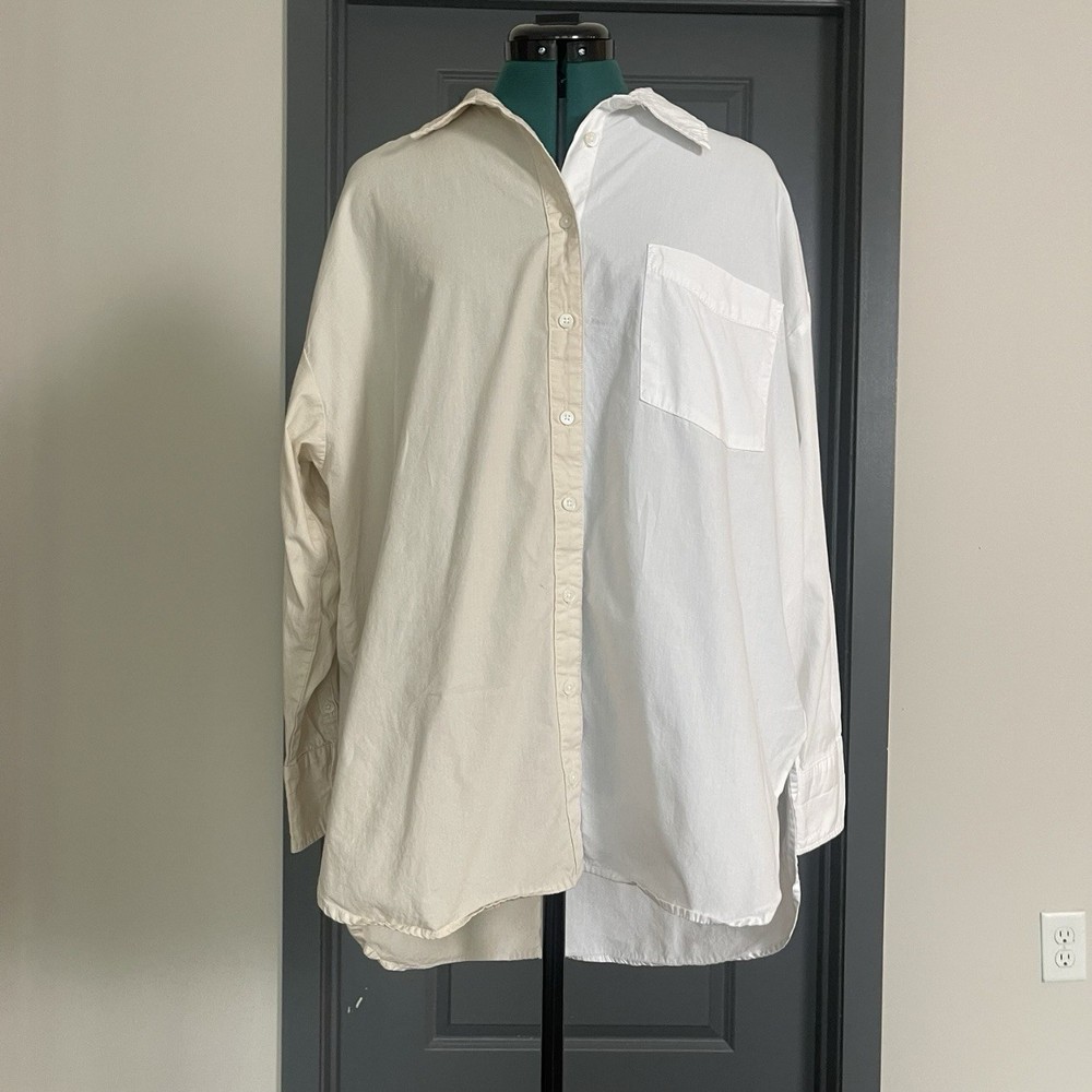 Anthropologie Maeve Bennet Shirt Large Oversized Button Down Two Tone Colorblock