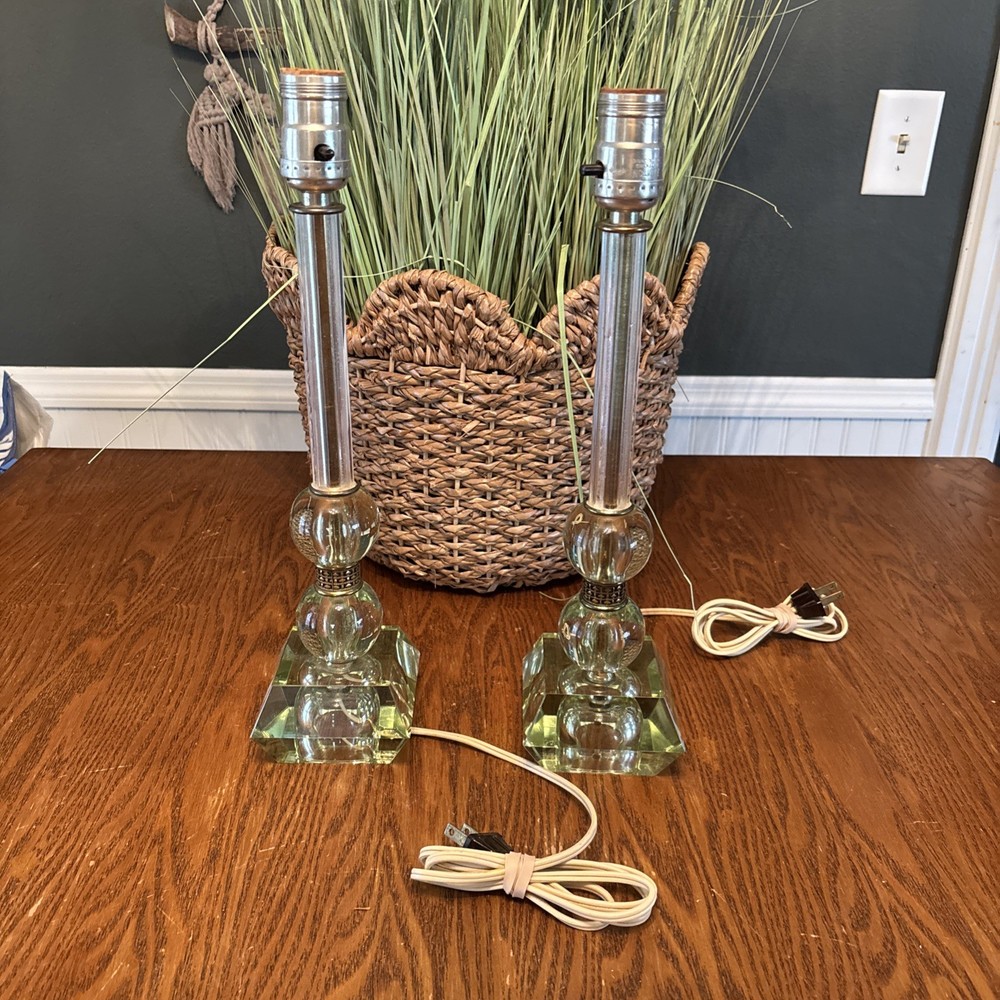 Pair Of Clear/ green  tint Lucite Acrylic Column Table Lamps /MCM Style.