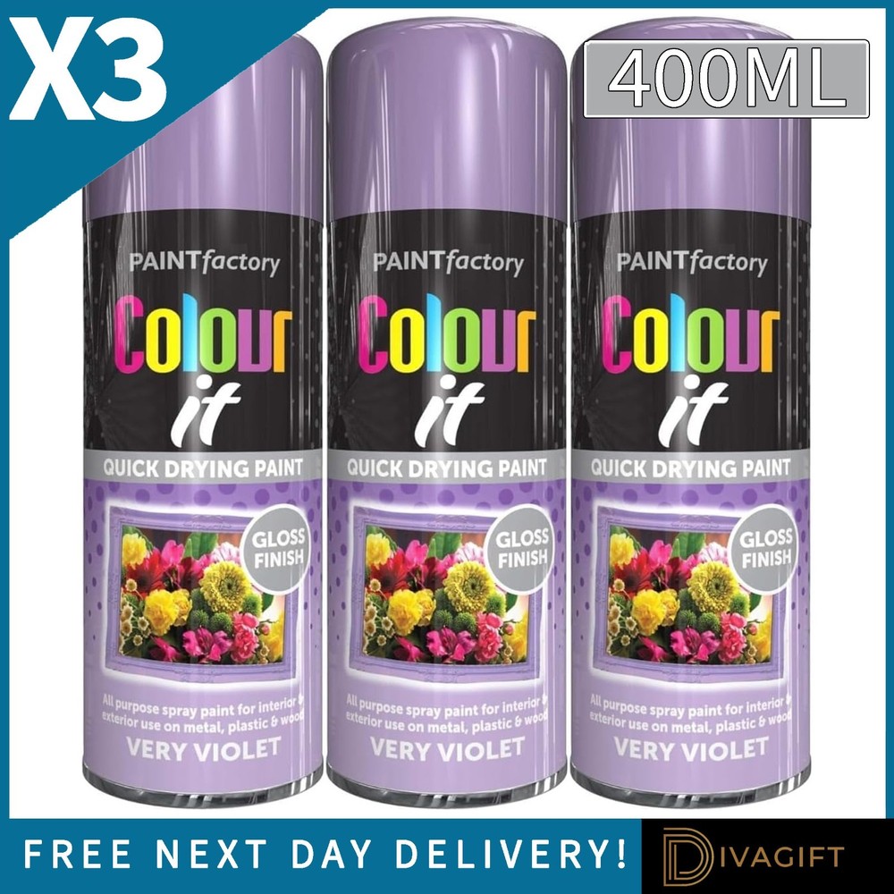 3 x VERY VIOLET AEROSOL SPRAY PAINT 400ML GLOSS FINISH FOR METAL PLASTIC WOOD