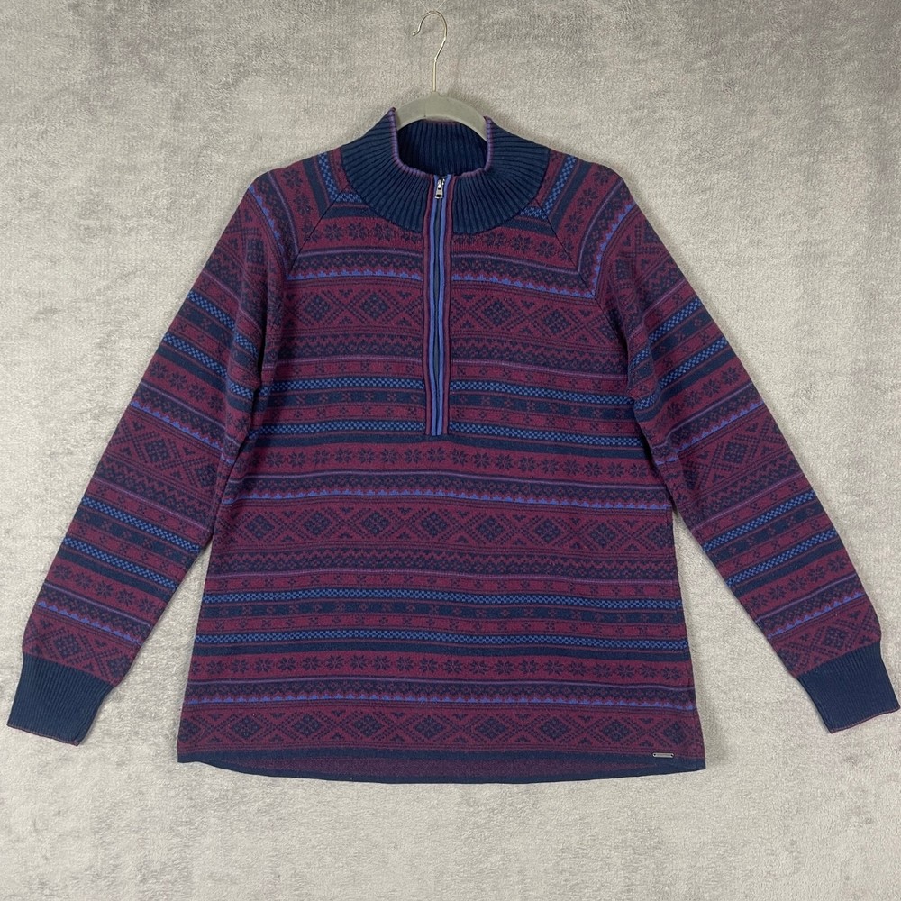 Eddie Bauer Fair Isle Sweater Womens Size XL Purple 1/4 Zip Nordic Cozy Pullover