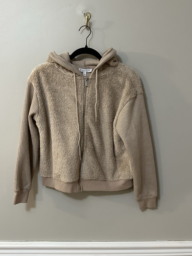 Workshop Republic Clothing Women’s Faux Fur Zip Up Hoodie Size Small  Tan Color