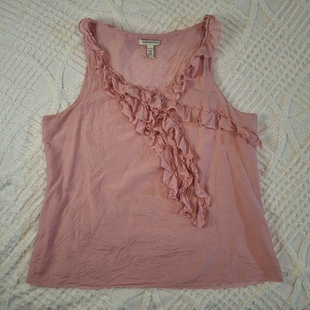 Banana Republic Women's XL Pink Silk Blend Sleeveless Ruffle Tank Top