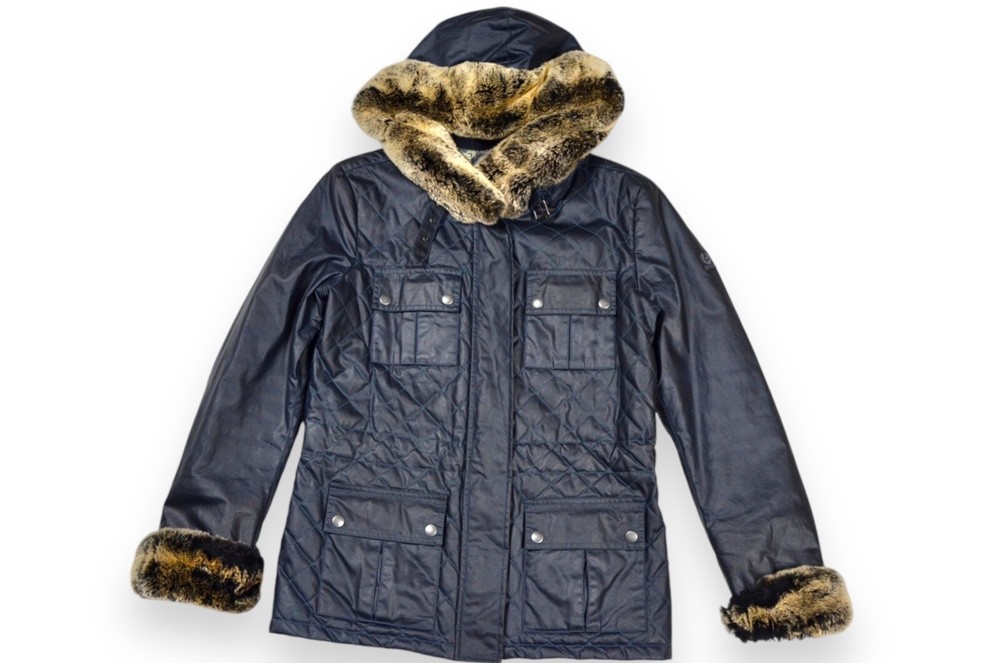Women's Belstaff Fur Wax Jacket Navy England Size 44