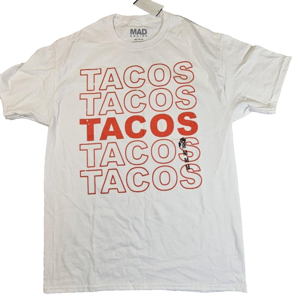 Tacos T Shirt Adults Size M White Short Sleeve Crew Neck Mad Engine Unisex
