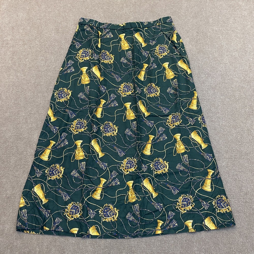 Vintage Pendleton Skirt Womens Size 16 Petite Green Gold Bells Made in USA Rayon