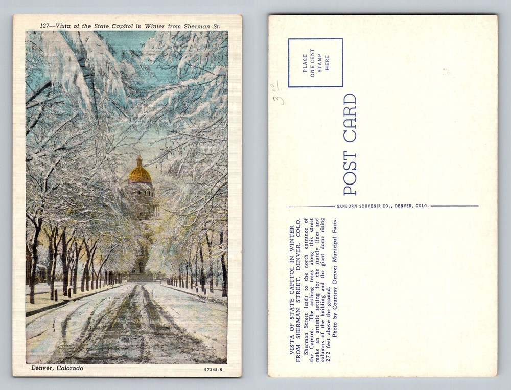 Denver, CO-Colorado, State Capitol Winter Snow Vista Sherman St Vintage Postcard