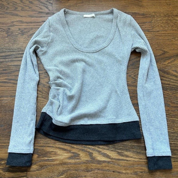 ZARA Ribbed Knit Gray Black Scoop Neck Contrast Trim Long Sleeve Top M