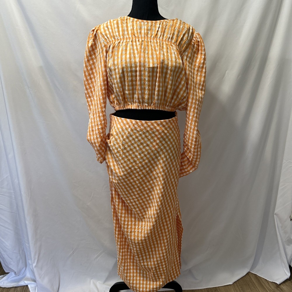 Zara Women’s Orange Gingham Long Sleeve Blouse And Skirt Set Size Large