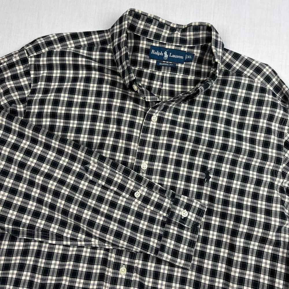 Ralph Lauren EUC Button Down Men's XL Black White Plaid Classic Fit Shirt Cotton