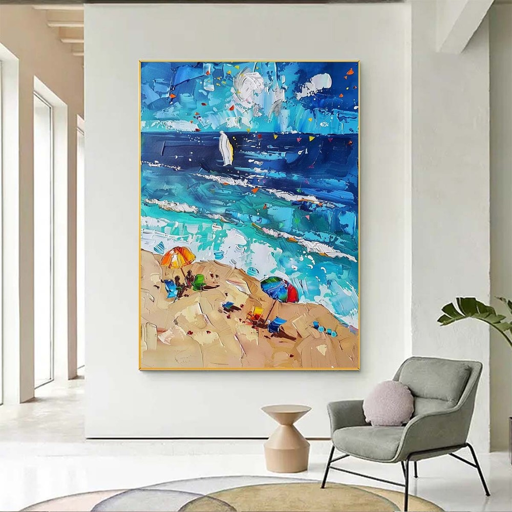 Hand Painted Texture Abstract Oil Painting On Canvas Wall Art Beach scenery Blue
