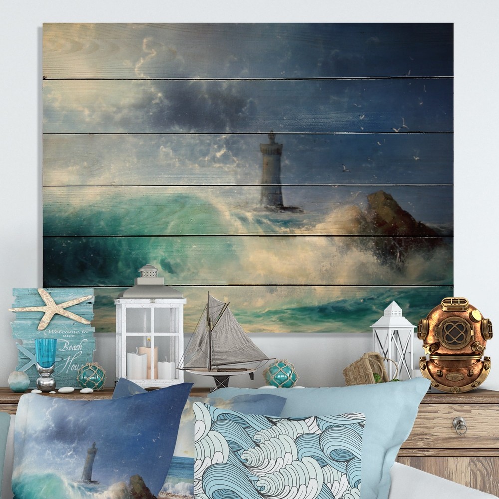 Designart 'Seascape Wave And Lighthouse' Nautical & Coastal