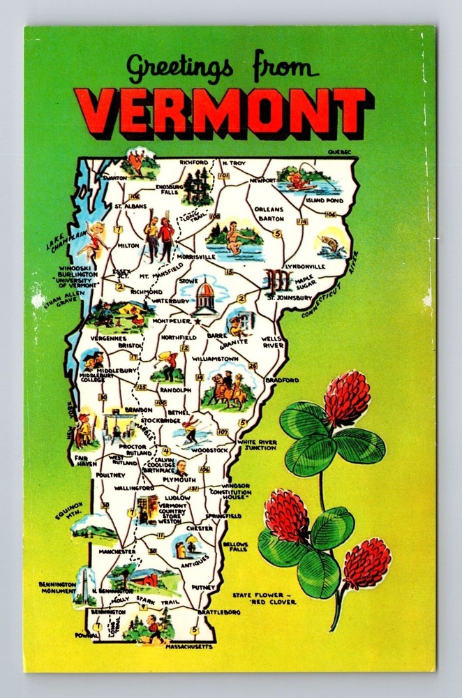 VT-Vermont, General Greetings, State Map, Points of Interest, Vintage Postcard