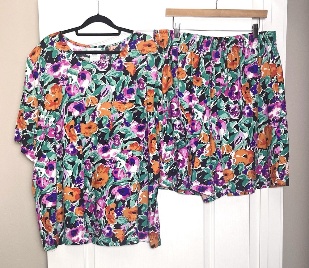 Vtg Fritzi Tee Shirt Top & Shorts 2 Piece Set Size 24W Floral Green Pink Orange