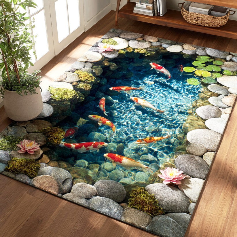 3D Koi Fish Pond Area Rug, Realistic Japanese Garden Carpet, Zen Lotus Floor Mat