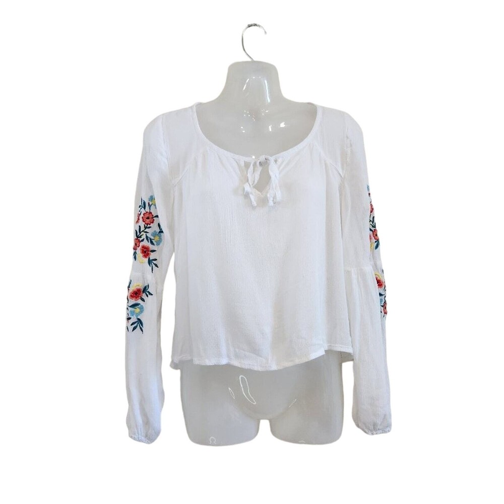 Hollister Peasant Tie Neck Embroidered Long Sleeve Cottagecore Top White Small