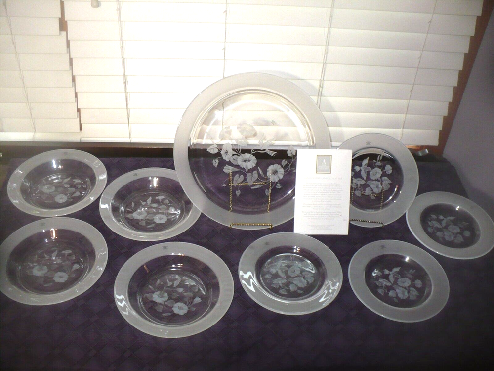 Avon Hummingbird Crystal PLATTER SALAD PLATES RIMMED SOUP BOWLS 9 PC NEW