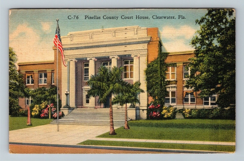Clearwater FL-Florida, Pinellas County Court House, Gardens Linen c1949 Postcard
