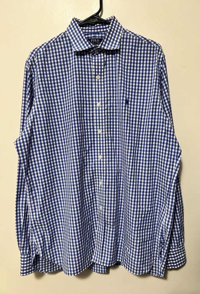 Ralph Lauren Gingham Long Sleeve Button Down Shirt Blue Mens 16 1/2 | 36/37