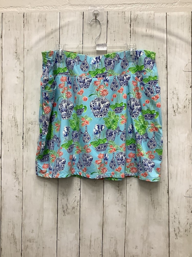 Fama Zee Size 12 Golf Skort: Blue Ginger Jar Elephant & Floral Print Pull-On