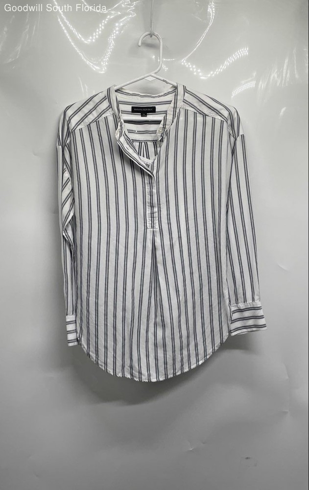 Banana Republic Womens White And Gray Striped Long Sleeve Blouse Top Size XS