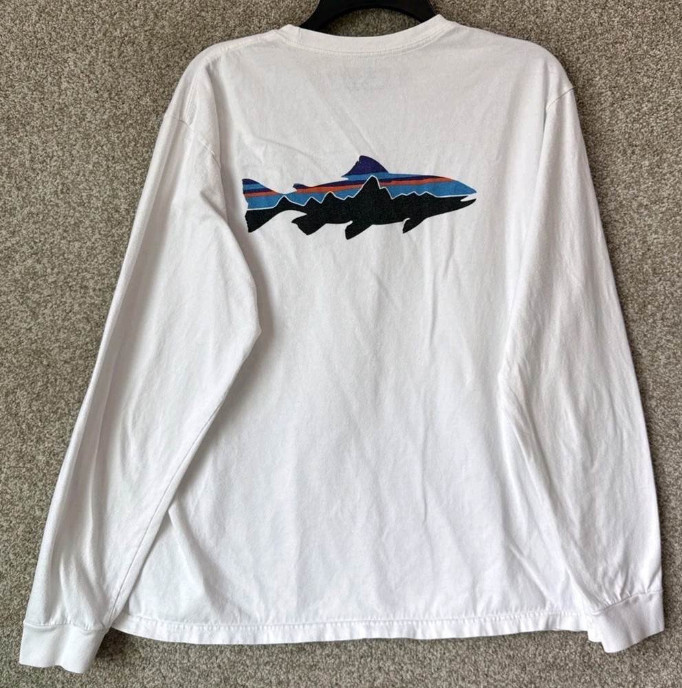 Patagonia T-Shirt Mens Sz Large White Long Sleeve Fitz Trout Fish Organic Cotton