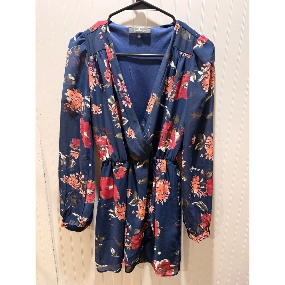 Lulus Navy Blue Floral Long Sleeve V-Neck Mini Dress XS Surplice Wrap Style