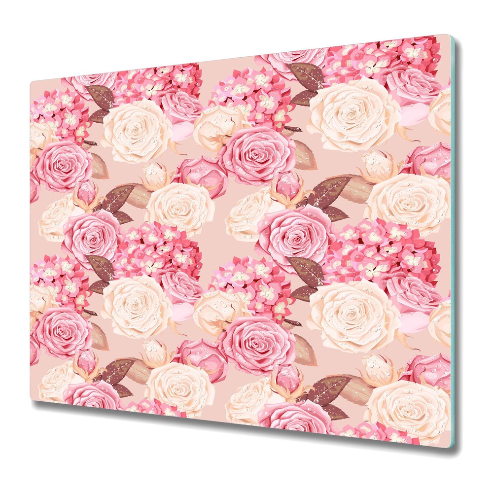 Tempered Glass Worktop Saver Roses and hydrangea pink and white design 60x52