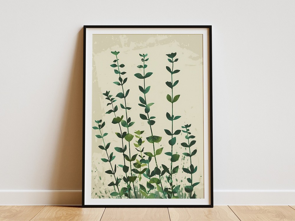 Minimalist Thyme Plant Poster Botanical Art Print Mid Century Modern Green Wall