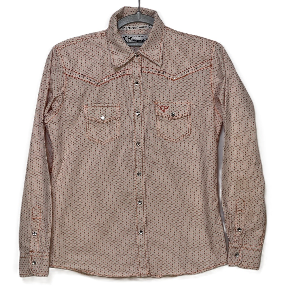 Cowgirl Coral White Donut Print Western Long Sleeve Shirt XL