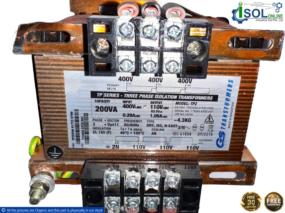GS TPZ0200 01733 0700 3-Phase Isolation Transformer 200VA Pri 400V Sec 2N/110V #