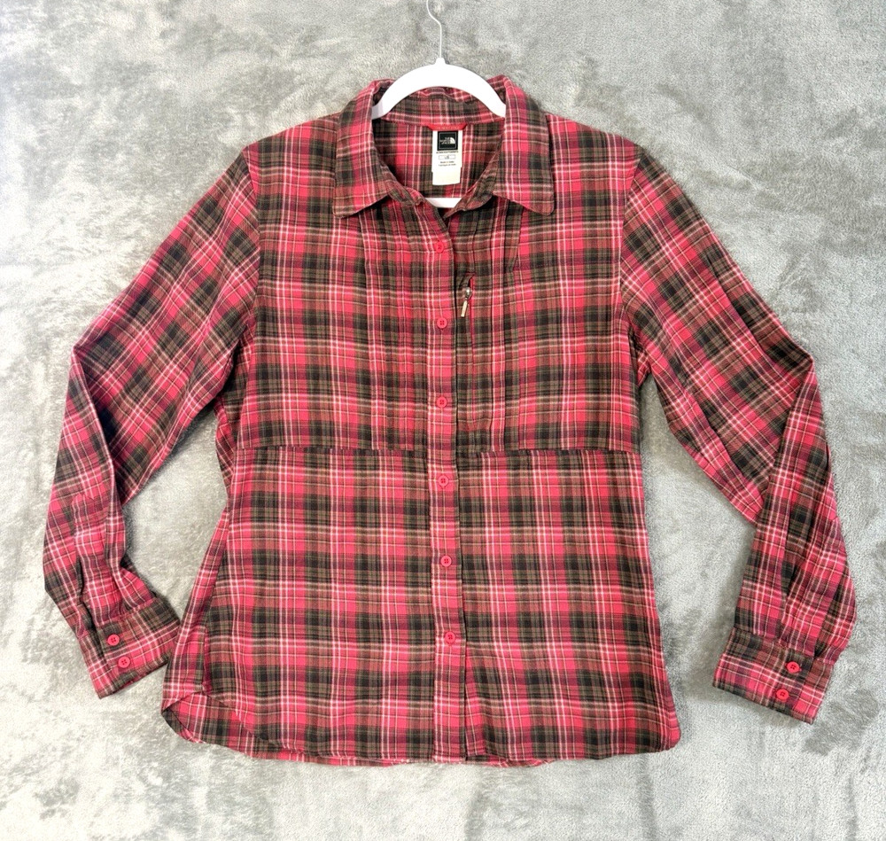 The North Face Womens Large Plaid Button Down Shirt Pink Black CoolVisions