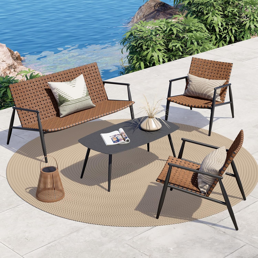 Outdoor Furniture Set - 4 Piece, Leather-Look Wicker Conversation, Vintage Brown