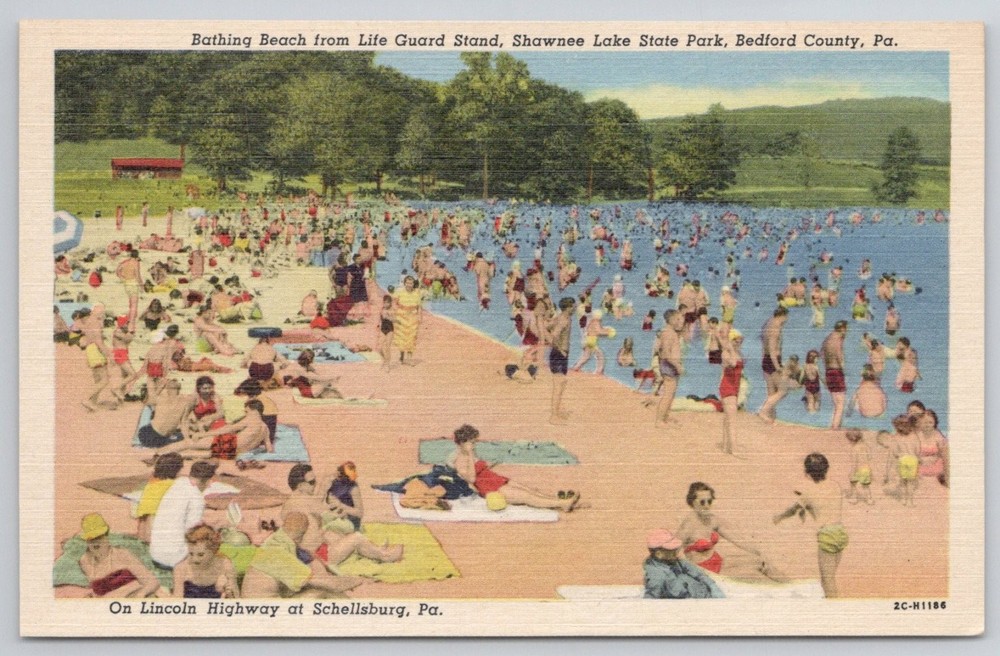 Shawnee Lake State Park Bathing Beach PA Postcard Lincoln Highway Schellsburg
