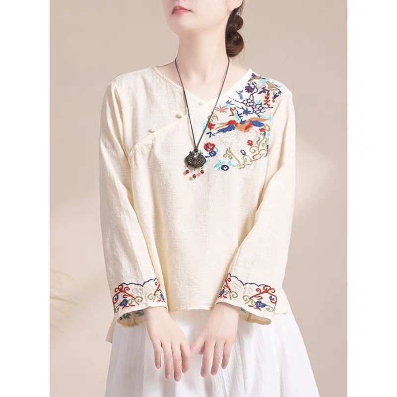 Chinese Retro Floral Embroidered Blouse Women Ethnic T-Shirt Top