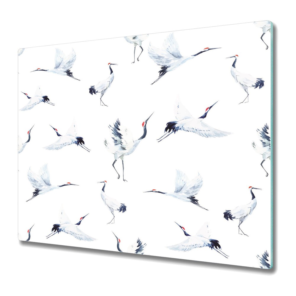 Glass Chopping Board Utensil Watercolour Cranes white fairytale 60x52
