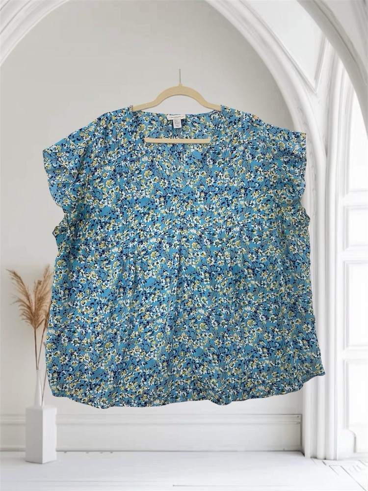 Carolina Belle Montreal Blue Floral Pleated Flutter Sleeve Top Women’s Size 2X