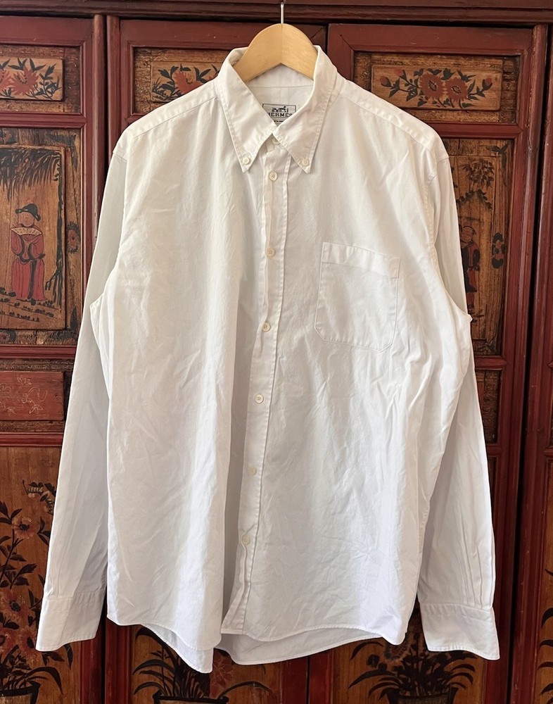 Vintage Hermes Paris Button Up Dress Shirt White 42 L