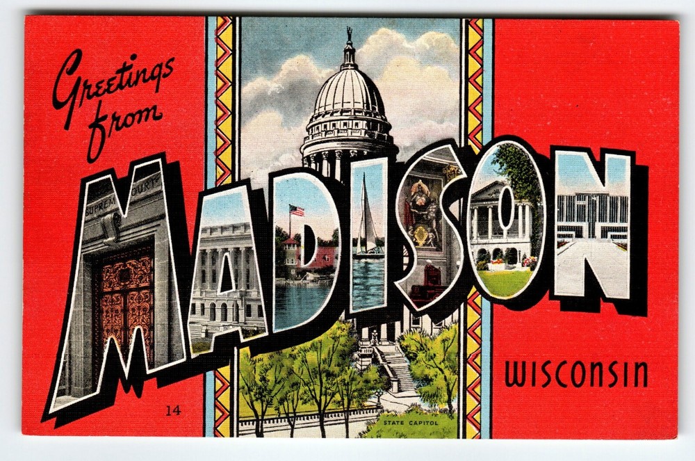 Greetings From Madison Wisconsin Large Big Letter Postcard EC Kropp Vintage