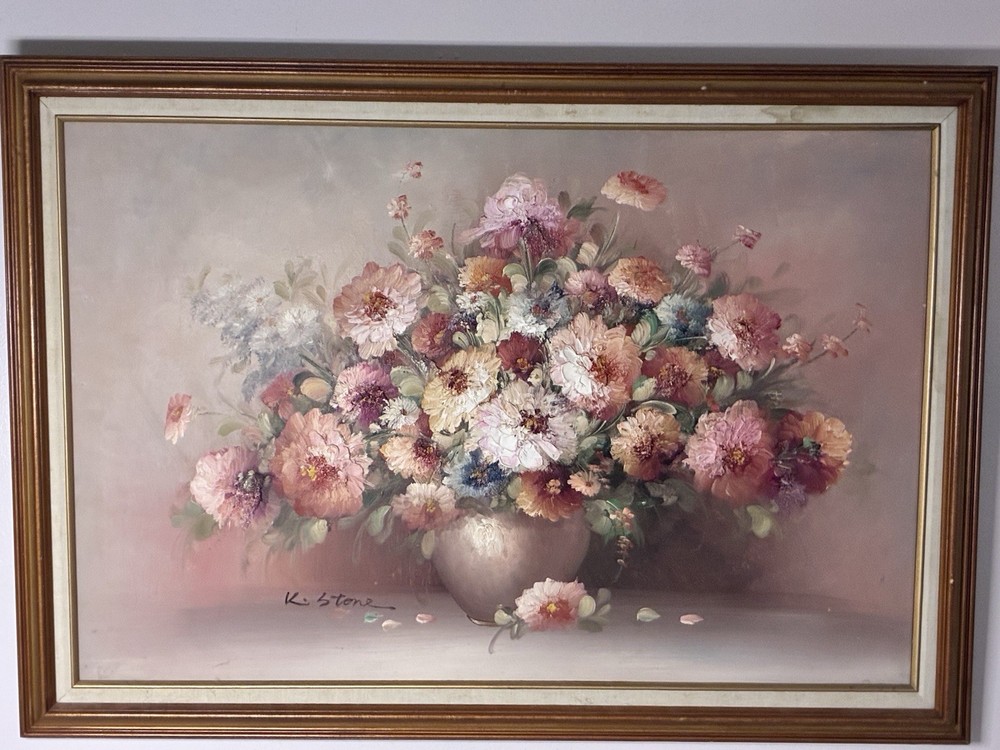 K. Stone Original Floral Still Life Vase Painting Framed Signed Flowers