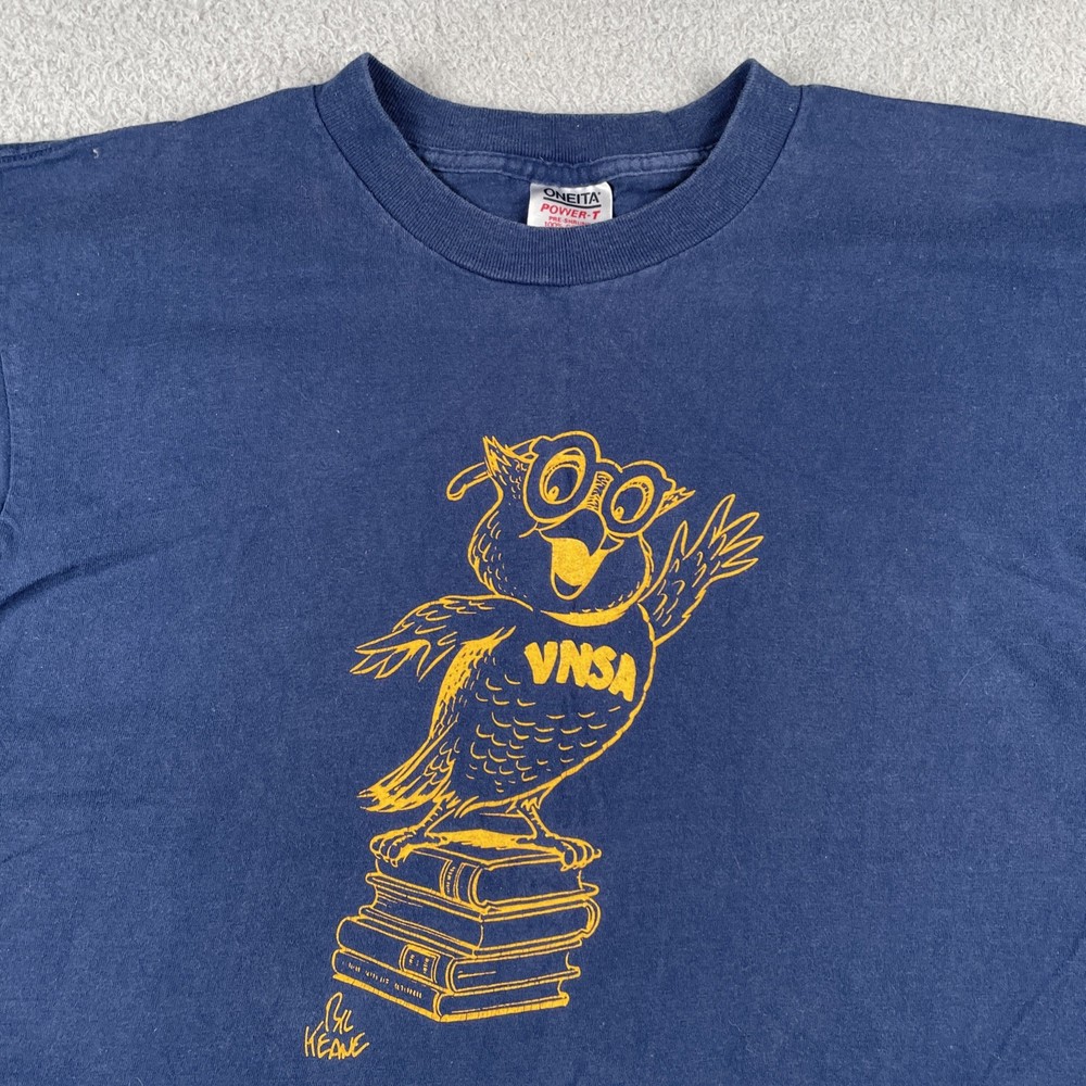 Vintage Oneita Blue XL Single Stitch Shirt VNSA Owl Made In USA 90s Graphic Tee