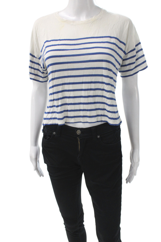 La Ligne Women Cropped Striped White Crew Neck T-Shirt Short Sleeve Size SFree Shipping in US $100+ Orders | $6.95 Orders Below