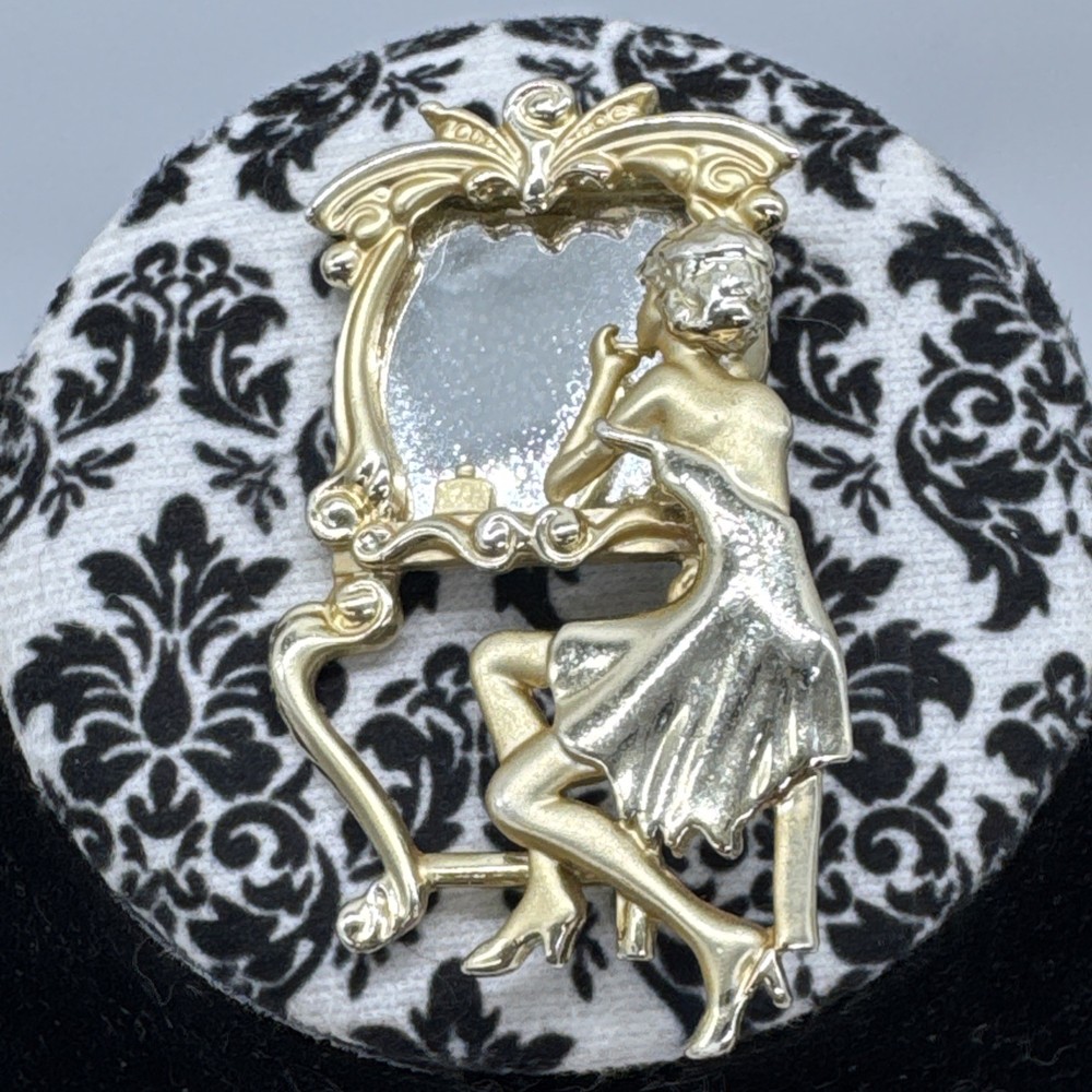 Gold-Tone Vintage AJC Brooch Woman Looking Into Vanity Mirror Design